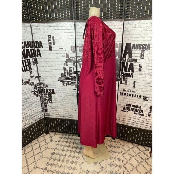 Susan Graver Studio M Maroon Floral Flocked Bodice Long Sleeve Long Dress - Picture 3 of 6